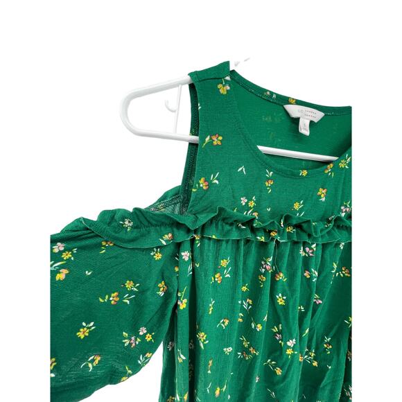 LC Lauren Conrad Green Floral Cold Shoulder Ruffled Blouse Women's Size Small - Picture 4 of 6
